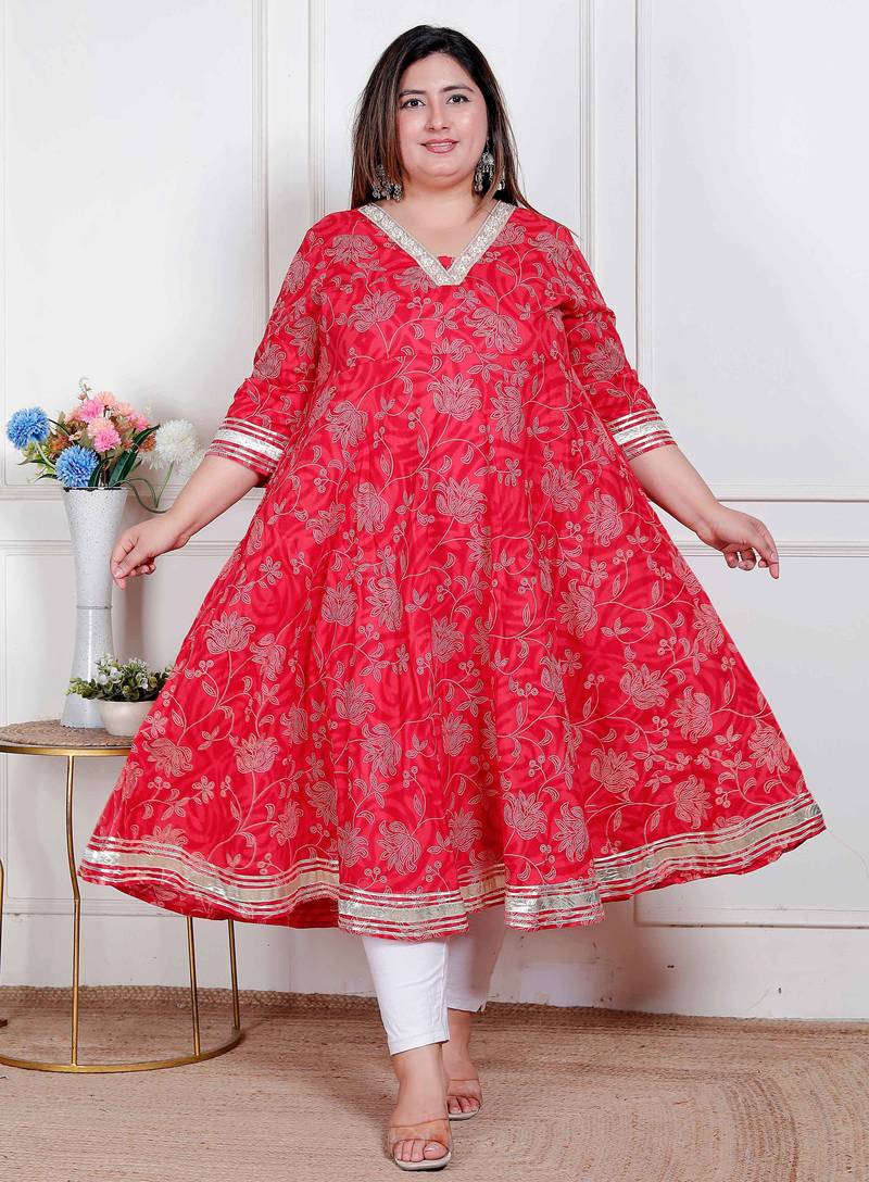 Doriyaan plus size women's red jaipuri printed cotton ethnic anarkali kurta