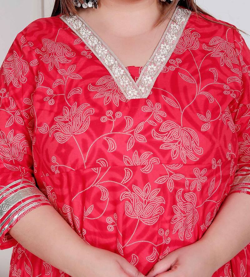 Doriyaan plus size women's red jaipuri printed cotton ethnic anarkali kurta