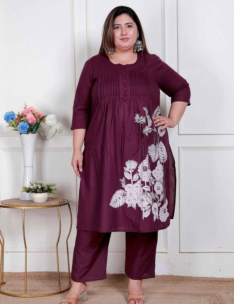  womens plus size wine floral kurta with palazzo