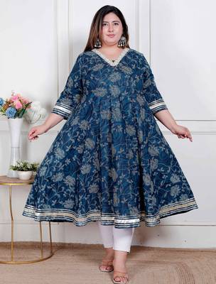 plus size women's blue cotton embroidered neck anarkali kurta 2