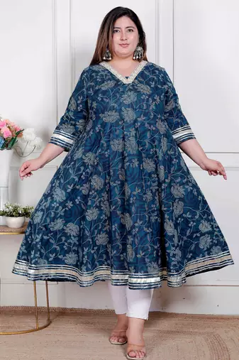 Doriyaan plus size women's blue cotton embroidered neck anarkali kurta