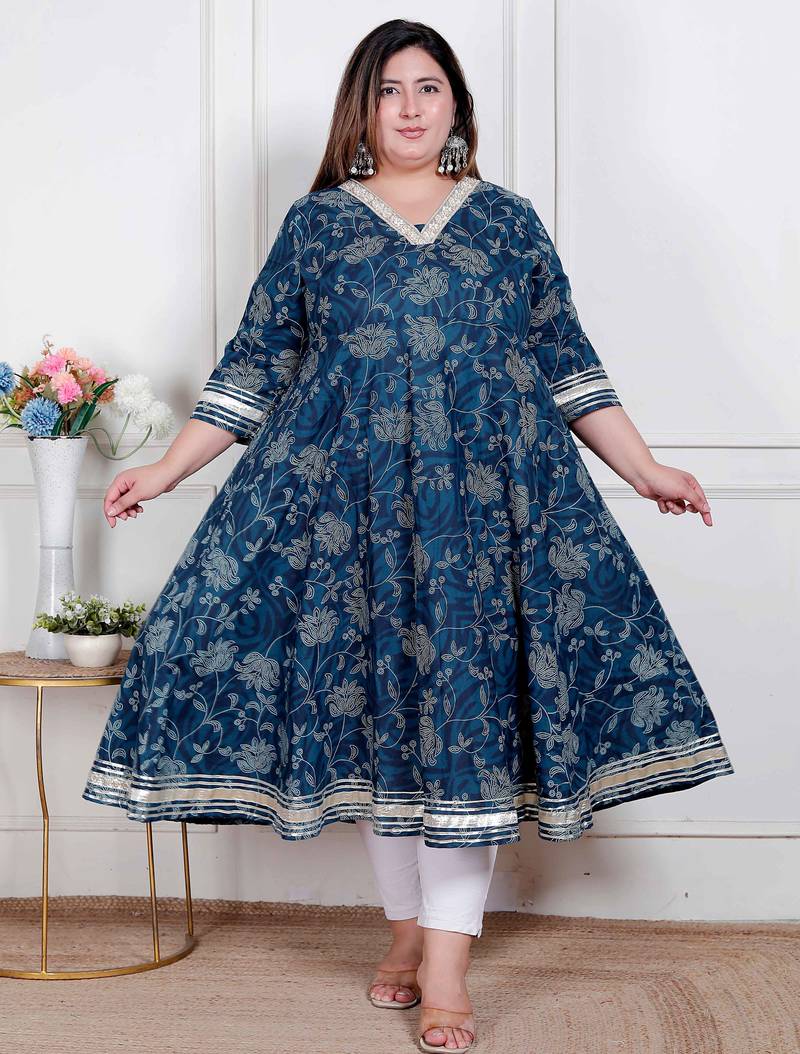 Doriyaan plus size women's blue cotton embroidered neck anarkali kurta