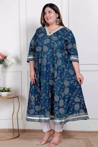 Doriyaan plus size women's blue cotton embroidered neck anarkali kurta