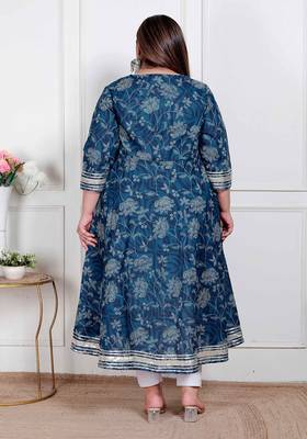 plus size women's blue cotton embroidered neck anarkali kurta 4