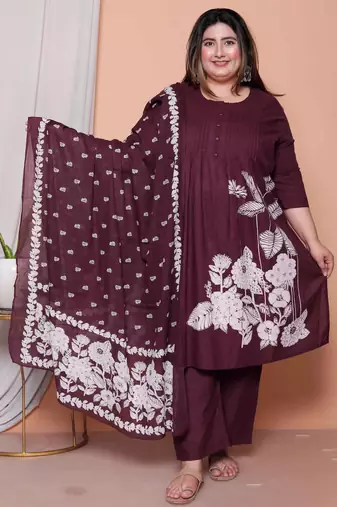  womens plus size wine floral kurta with palazzo and dupatta set