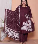  womens plus size wine floral kurta with palazzo and dupatta set