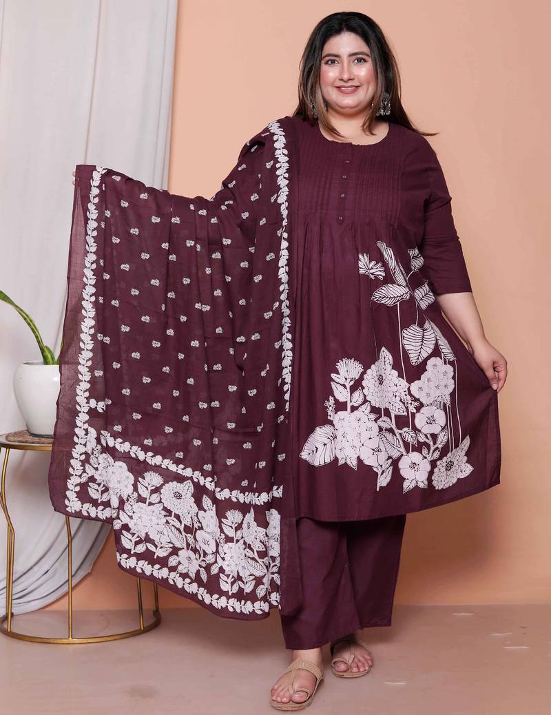  womens plus size wine floral kurta with palazzo and dupatta set