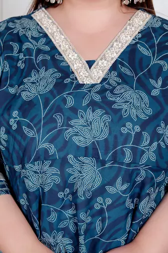 Doriyaan plus size women's blue cotton embroidered neck anarkali kurta