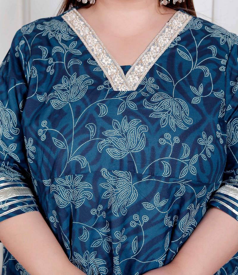 Doriyaan plus size women's blue cotton embroidered neck anarkali kurta