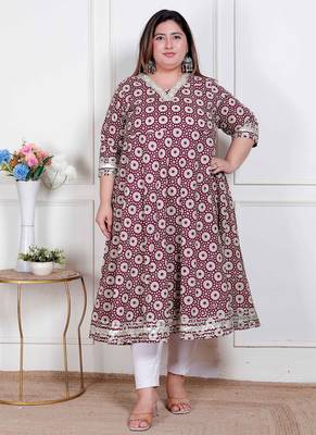 plus size women's cream embroidered cotton anarkali kurta   1