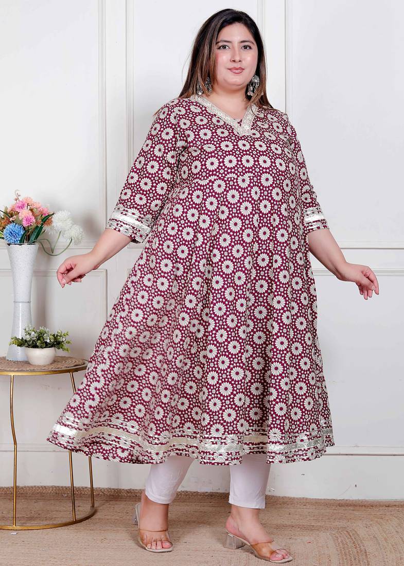 Doriyaan plus size women's cream embroidered cotton anarkali kurta 