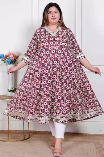 Doriyaan plus size women's cream embroidered cotton anarkali kurta 