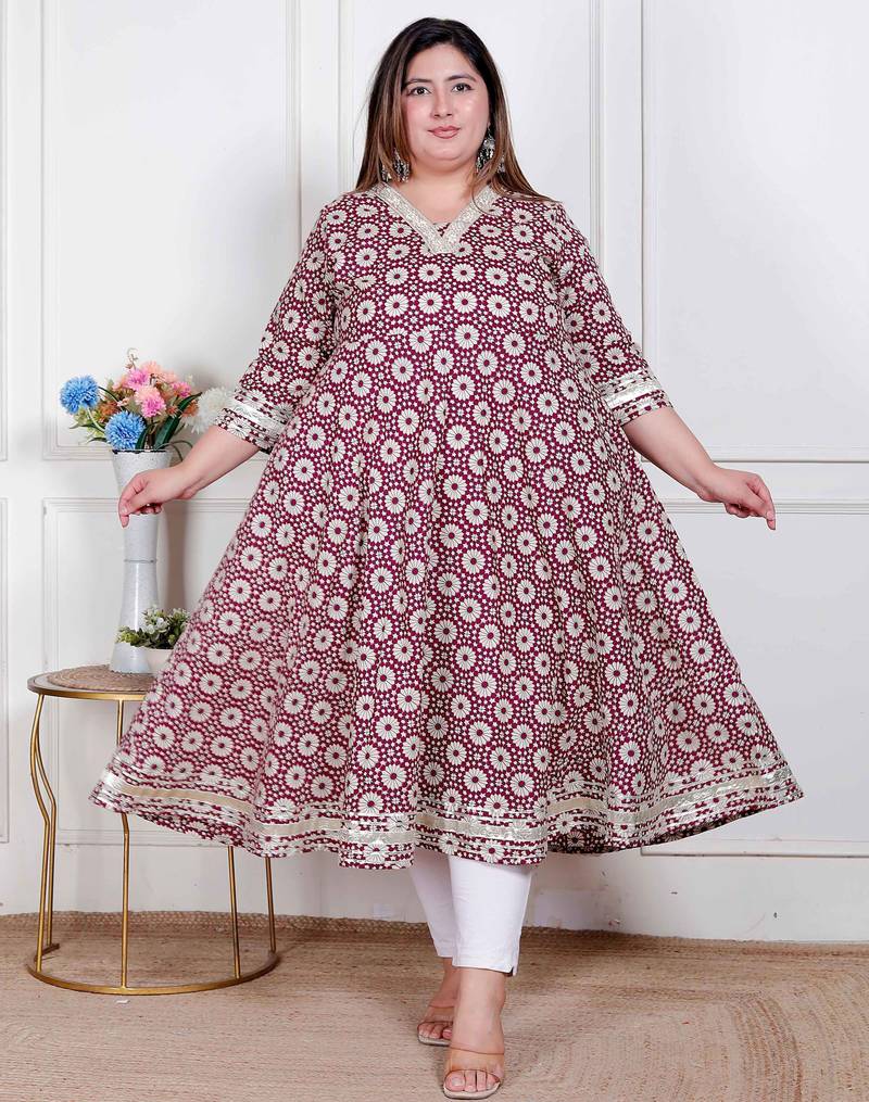 Doriyaan plus size women's cream embroidered cotton anarkali kurta 