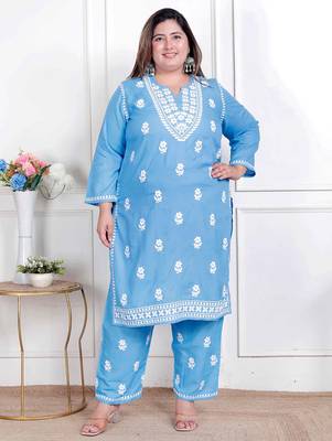  womens plus size blue embroidered kurta with palazzo 1