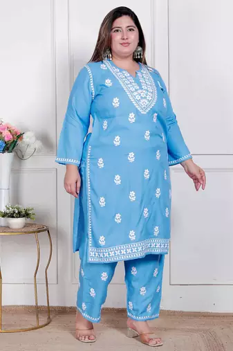  womens plus size blue embroidered kurta with palazzo