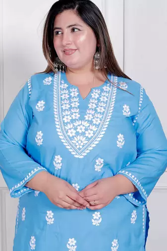  womens plus size blue embroidered kurta with palazzo