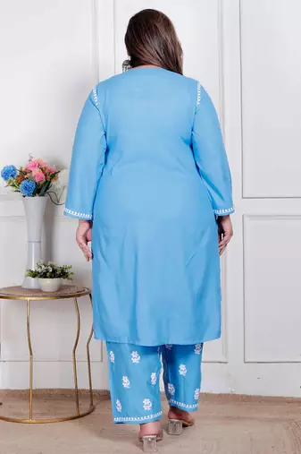  womens plus size blue embroidered kurta with palazzo