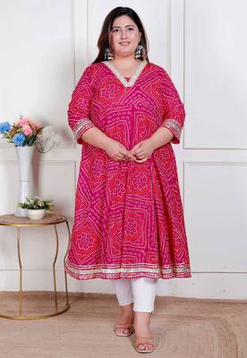 plus size women's pink  cotton bandhani ethnic anarkali kurta 1