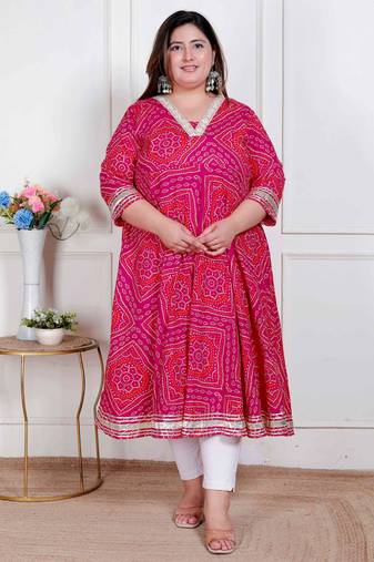 Doriyaan plus size women's pink  cotton bandhani ethnic anarkali kurta