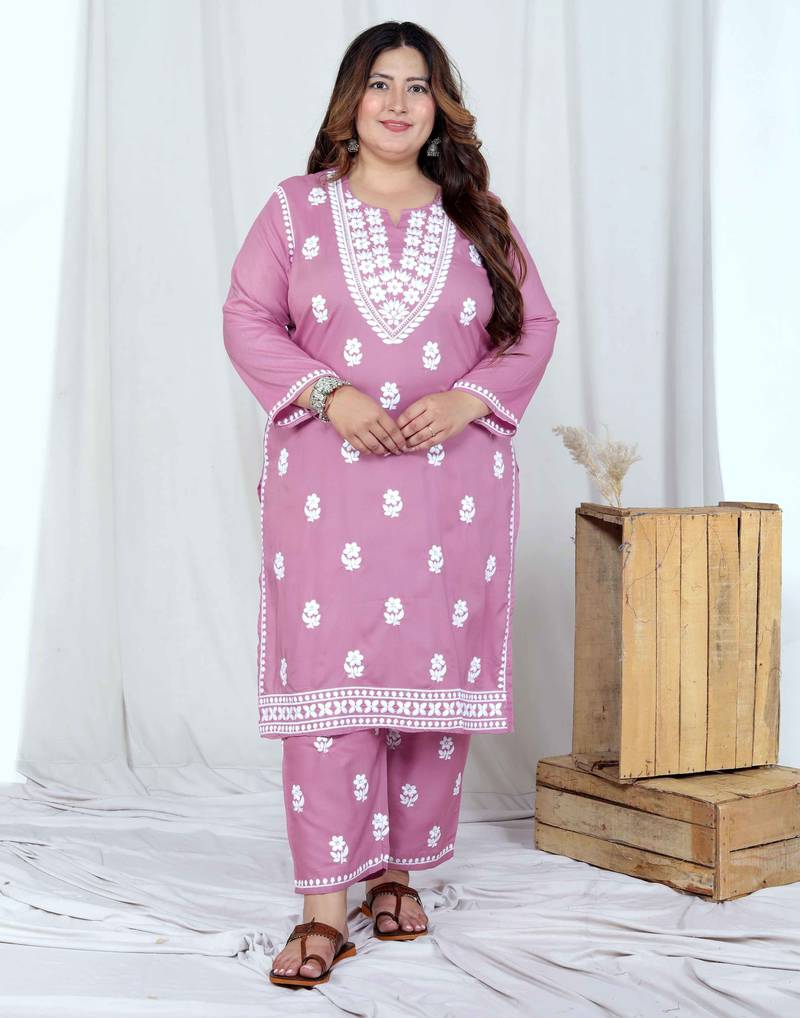  womens plus size pink embroidered kurta with palazzo