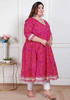 plus size women's pink  cotton bandhani ethnic anarkali kurta 2
