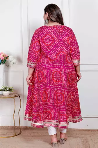 Doriyaan plus size women's pink  cotton bandhani ethnic anarkali kurta