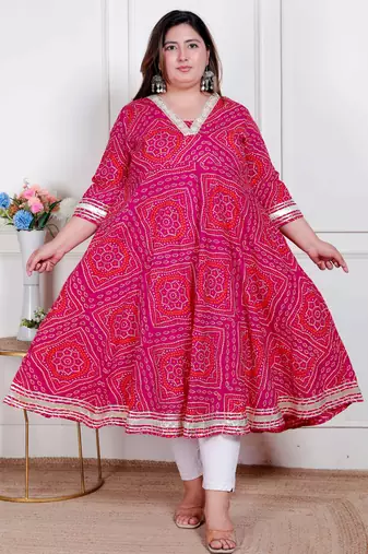 Doriyaan plus size women's pink  cotton bandhani ethnic anarkali kurta