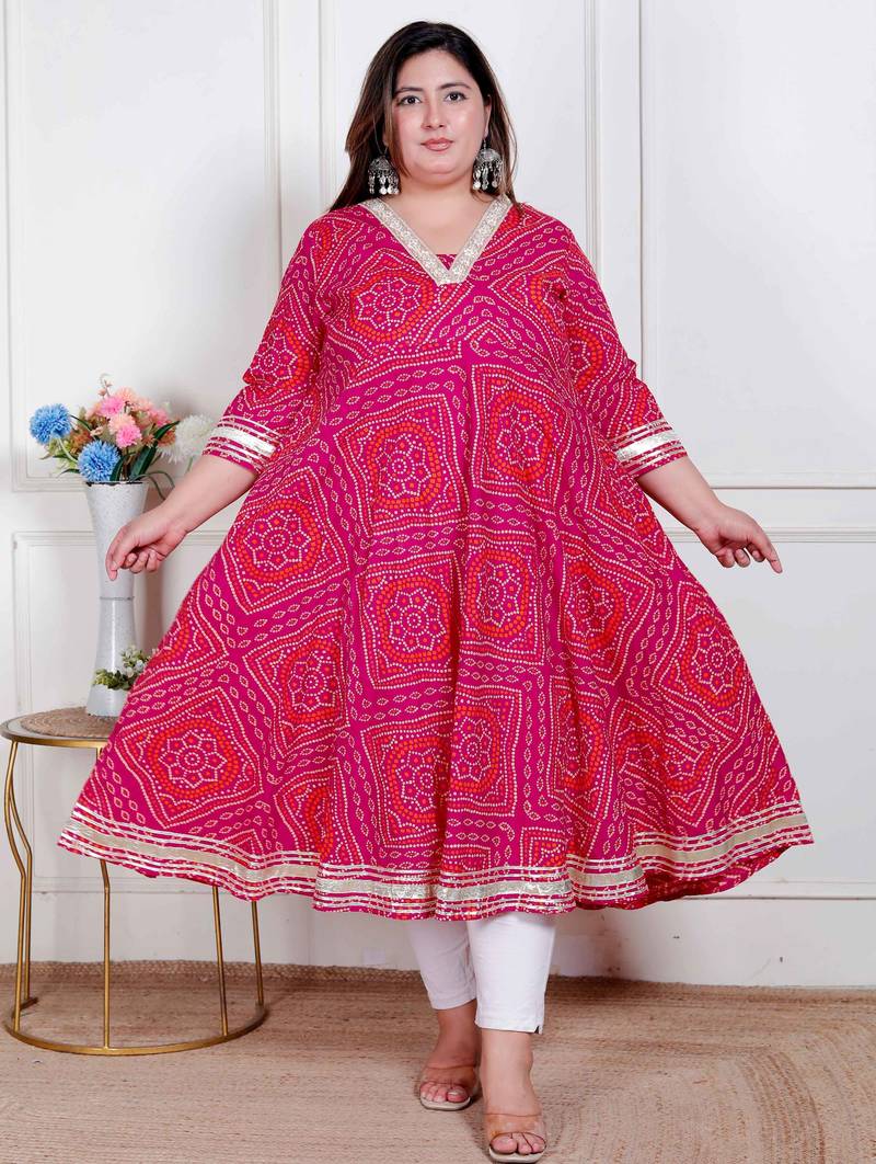 Doriyaan plus size women's pink  cotton bandhani ethnic anarkali kurta