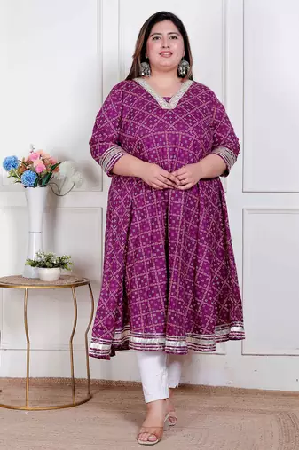 Doriyaan plus size women cotton  magenta gota lace and  embroidered anarkali kurta