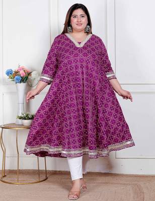 plus size women cotton  magenta gota lace and  embroidered anarkali kurta 4