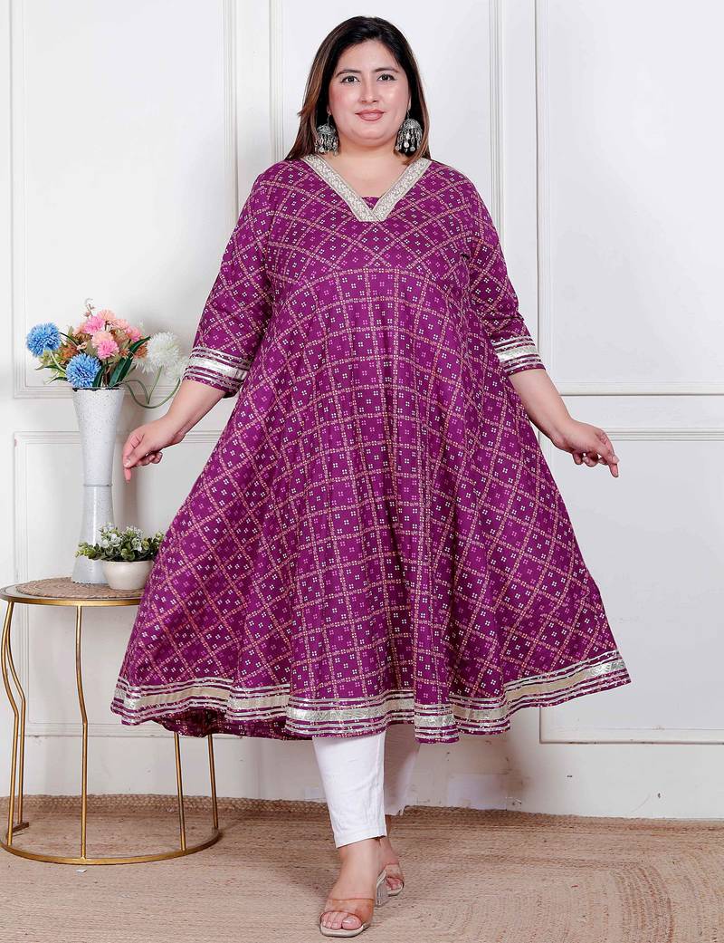 Doriyaan plus size women cotton  magenta gota lace and  embroidered anarkali kurta