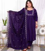  womens plus size purple embroidered kurta with palazzo and dupatta set
