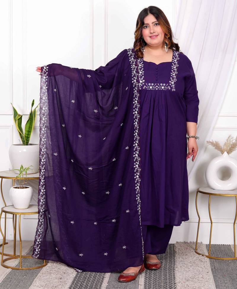  womens plus size purple embroidered kurta with palazzo and dupatta set