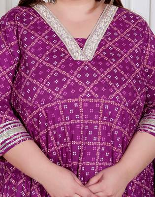 plus size women cotton  magenta gota lace and  embroidered anarkali kurta 5