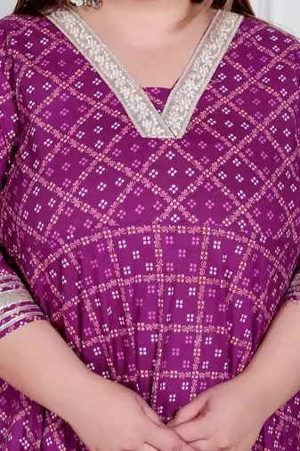 Doriyaan plus size women cotton  magenta gota lace and  embroidered anarkali kurta