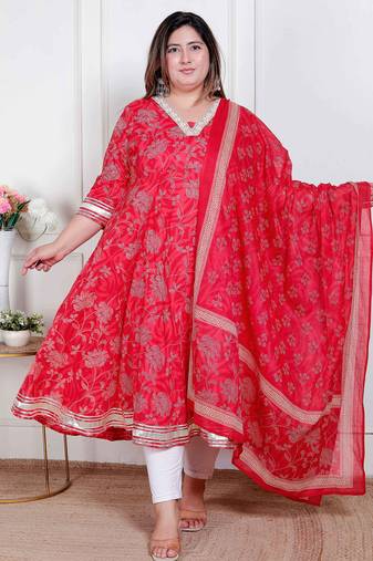 Doriyaan plus size women's red embroidered anarkali kurta and dupatta 