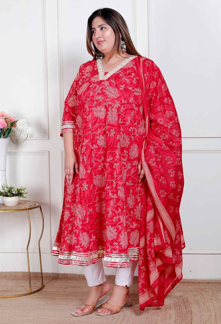 Doriyaan plus size women's red embroidered anarkali kurta and dupatta 