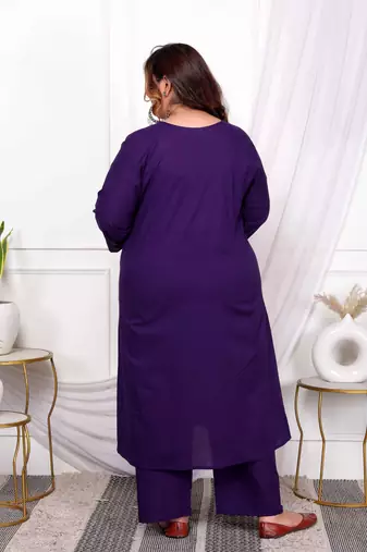  womens plus size purple embroidered kurta with palazzo and dupatta set