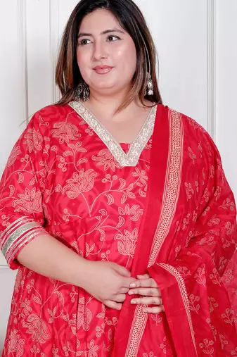 Doriyaan plus size women's red embroidered anarkali kurta and dupatta 