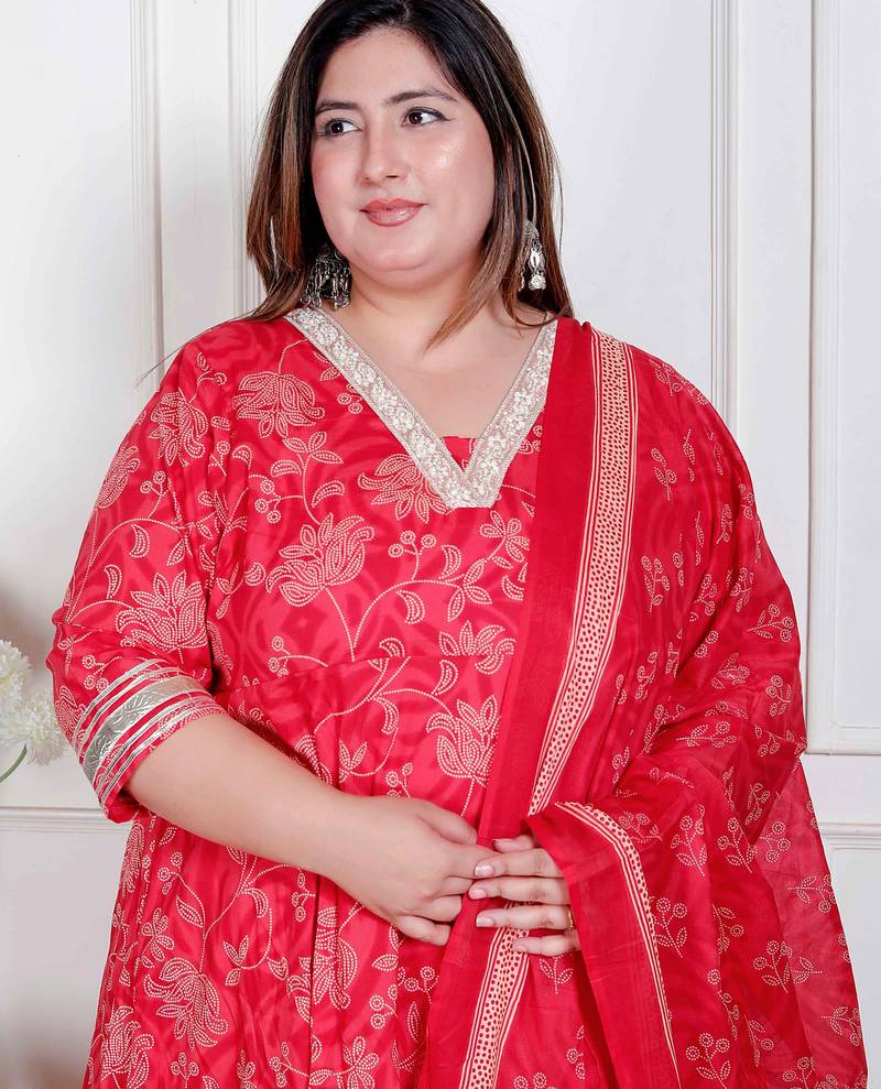 Doriyaan plus size women's red embroidered anarkali kurta and dupatta 