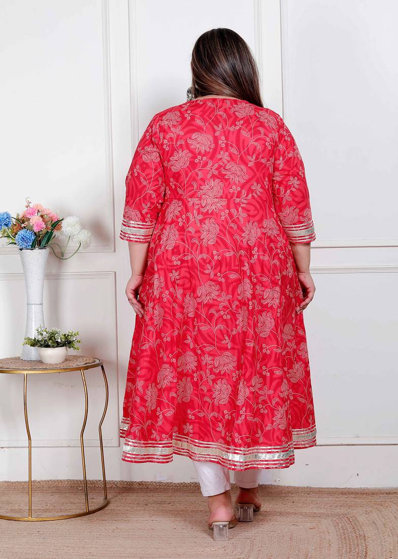 Doriyaan plus size women's red embroidered anarkali kurta and dupatta 