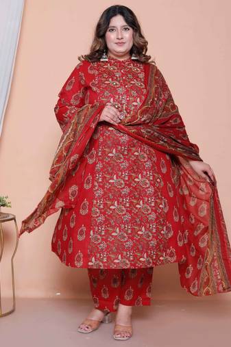  women floral print cotton maroon stitched kurta palazzo with dupatta set