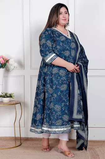 Doriyaan plus size women's jashn hand block printed ethnic anarkali kurta and dupatta