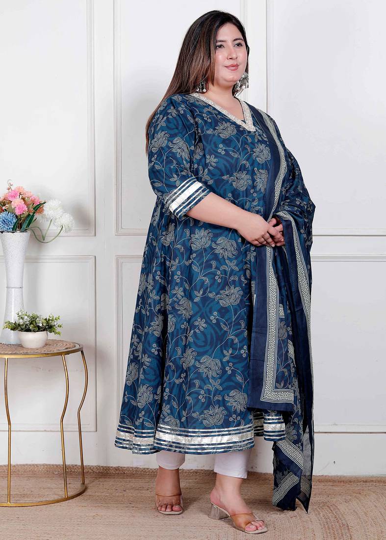 Doriyaan plus size women's jashn hand block printed ethnic anarkali kurta and dupatta