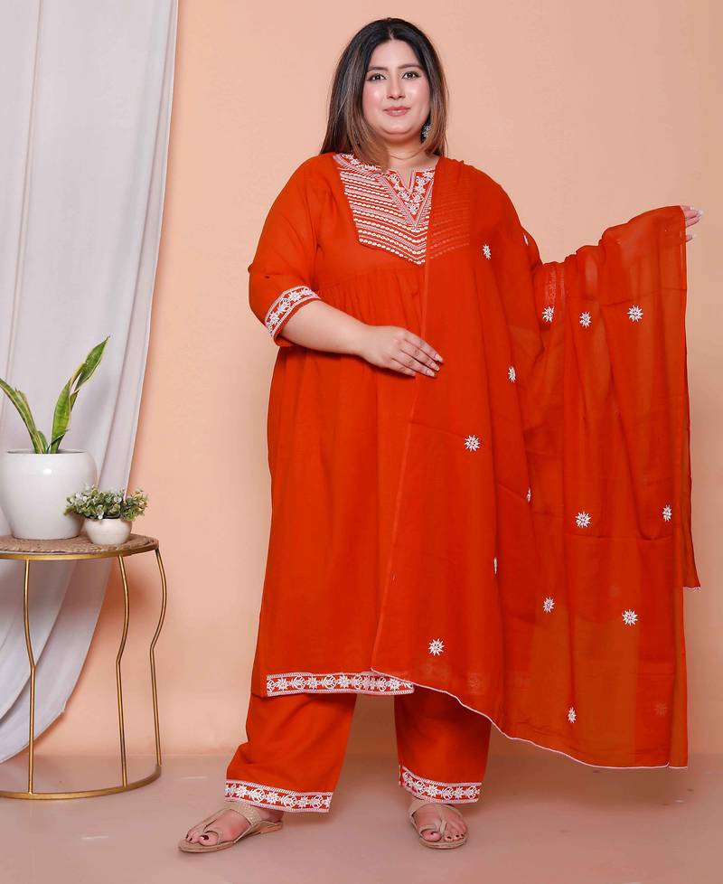  womens plus size floral embroidered rust straight cotton kurta & palazzo with dupatta set