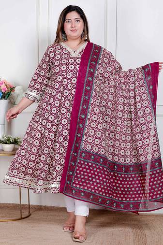 Doriyaan plus size women's cream embroidered cotton anarkali kurta and dupatta