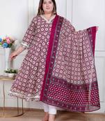 Doriyaan plus size women's cream embroidered cotton anarkali kurta and dupatta