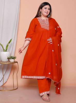  womens plus size floral embroidered rust straight cotton kurta & palazzo with dupatta set 2