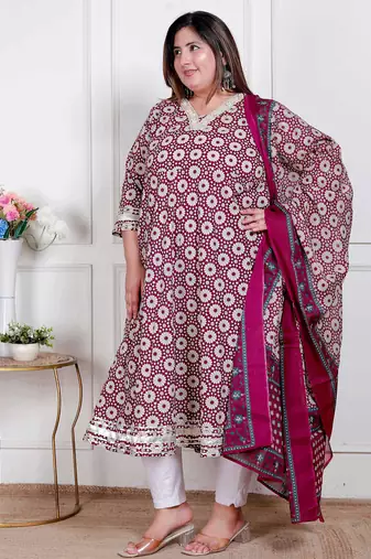 Doriyaan plus size women's cream embroidered cotton anarkali kurta and dupatta