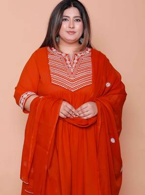  womens plus size floral embroidered rust straight cotton kurta & palazzo with dupatta set 3